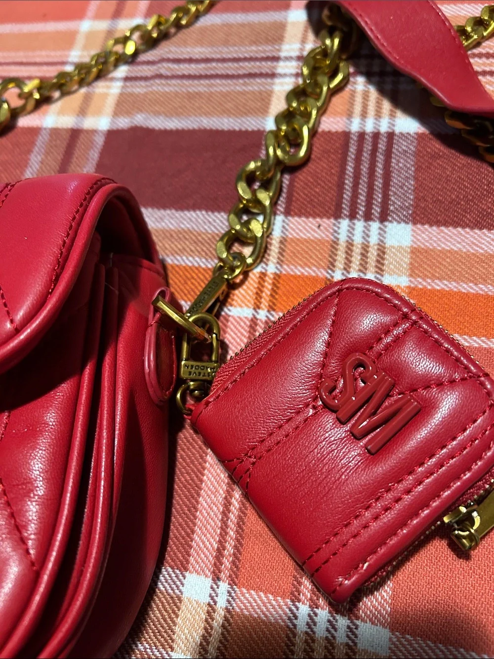 Steve Madden Red Quilted Crossbody Bag with Gold Chain Strap